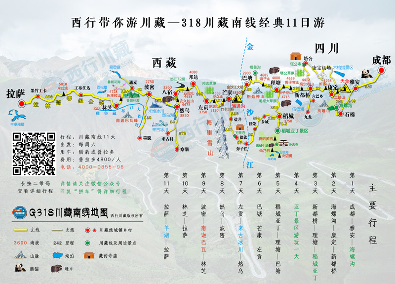 318国道川藏线地图-西藏旅游地图-川藏线自驾游行程图