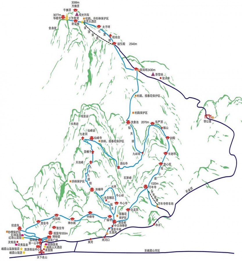 2,徒步路线图峨眉山位于中国四川峨眉山市境内,景区面积154平方公里